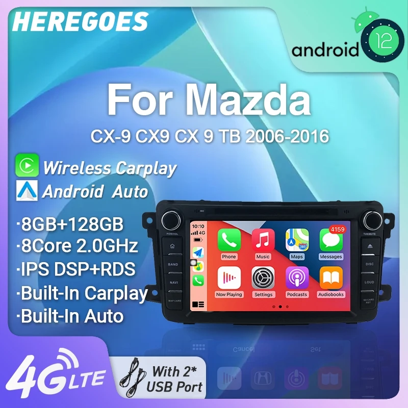 

Автомобильный DVD-плеер Carplay 720P Android 12 для Mazda CX-9 CX9 CX 9 2007-2015 GPS-навигация Радио 4G LTE аудио стерео 8G + 128G 2 Din