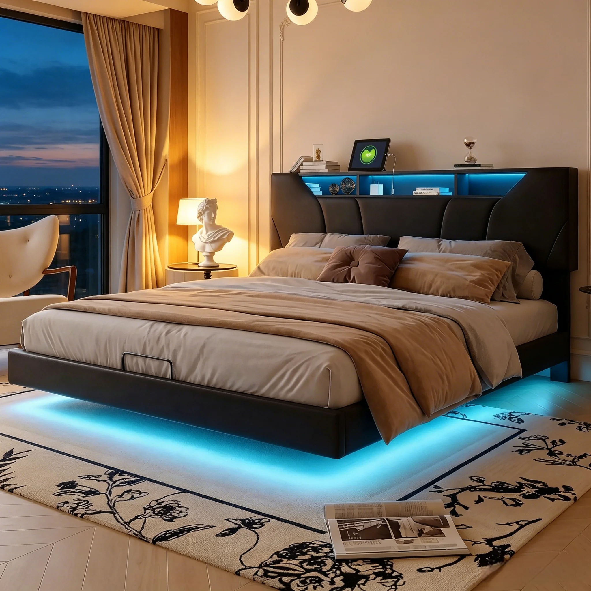 140/160*200cm Luftdruck-Lagerbett, multifunktionales Schwebebett, gepolstertes Doppelbett, mit LED-Beleuchtung und Ladefunktion, PU-Leder, schwarz