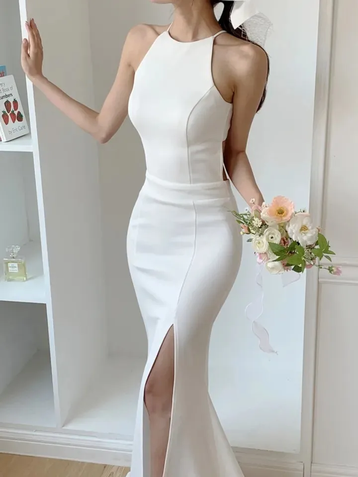 Proste suknie ślubne z dekoltem typu halter, z wysokim rozcięciem, bez pleców, suknie dla druhen, eleganckie suknie ślubne, szyte na miarę.