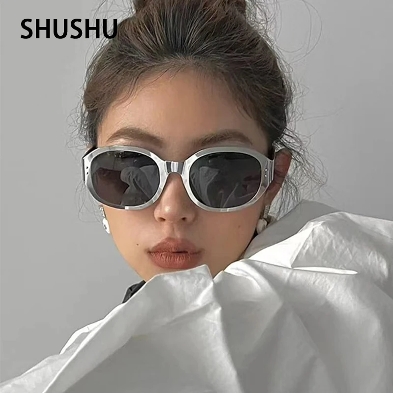 B166 Vintage Metallic Silver Wide Leg Sunglasses Oval Men's Sunglasses High Fashion Ladies Sun Protection Sunglasses UV400