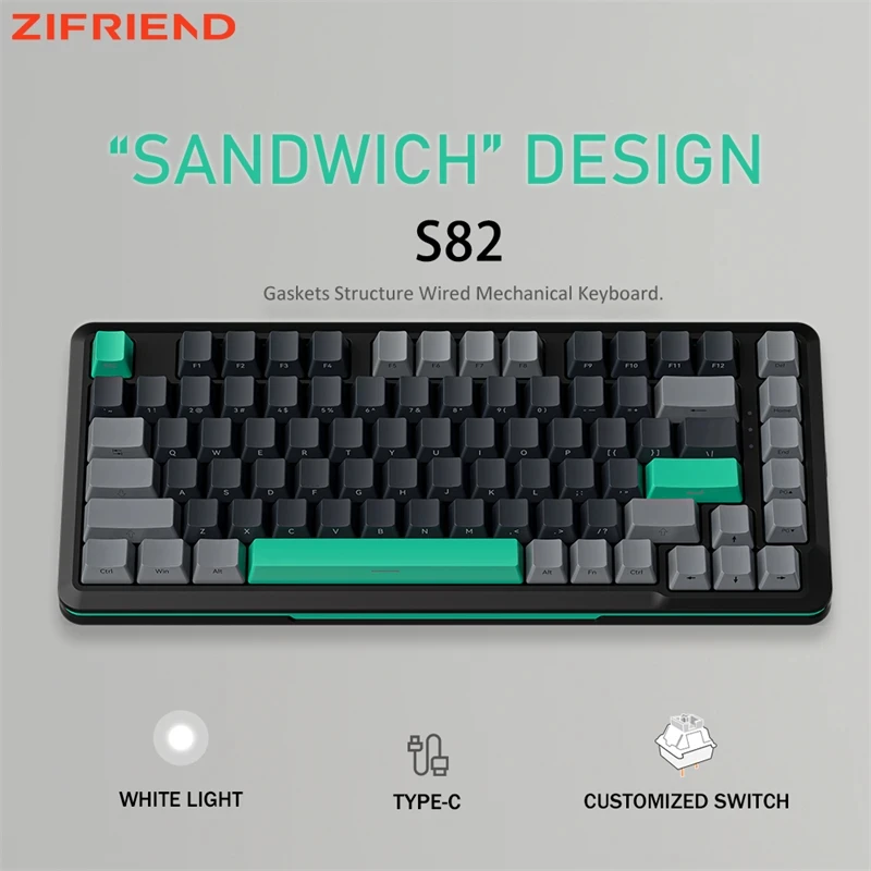 

ZIFRIEND S82 82 Keys Wired Mechanical Keyboard PBT Keycaps Hot Swappable 75% Gaming Keyboards Outemu Switch White Light