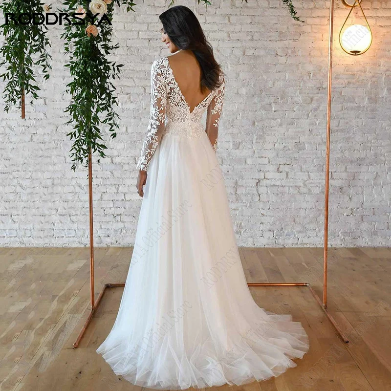 RODRSYA Appliques Maniche Lunghe Abiti da sposa Abiti V Neck Pizzo BacklRODDRSYA Appliques maniche lunghe abiti da sposa abiti con scollo a V abito da sposa senza schienale in pizzo Tulle vestido noiva bohème su misura