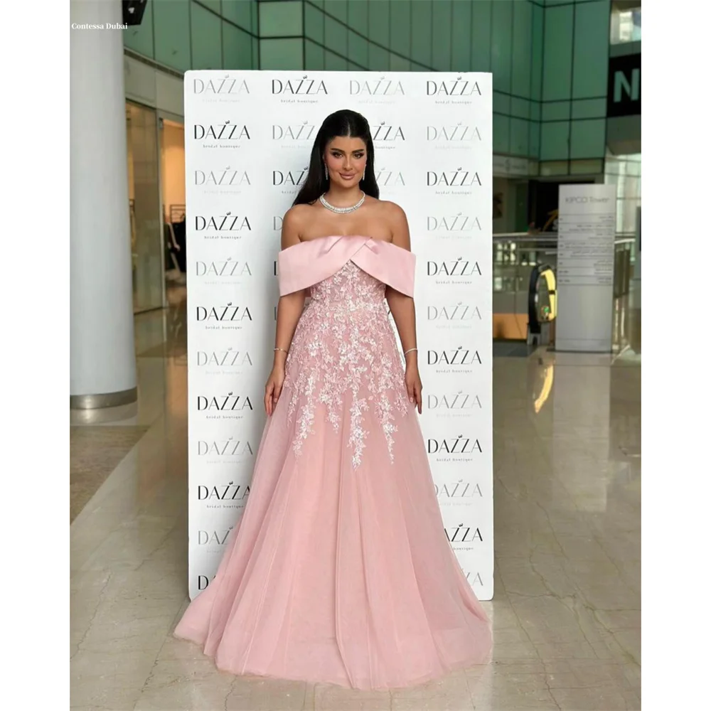 

Contessa Dubai Customized Off the Shoulder Appliques A-line Prom Dress Floor-length Elegant فساتين سهرة Pink vestidos de festa