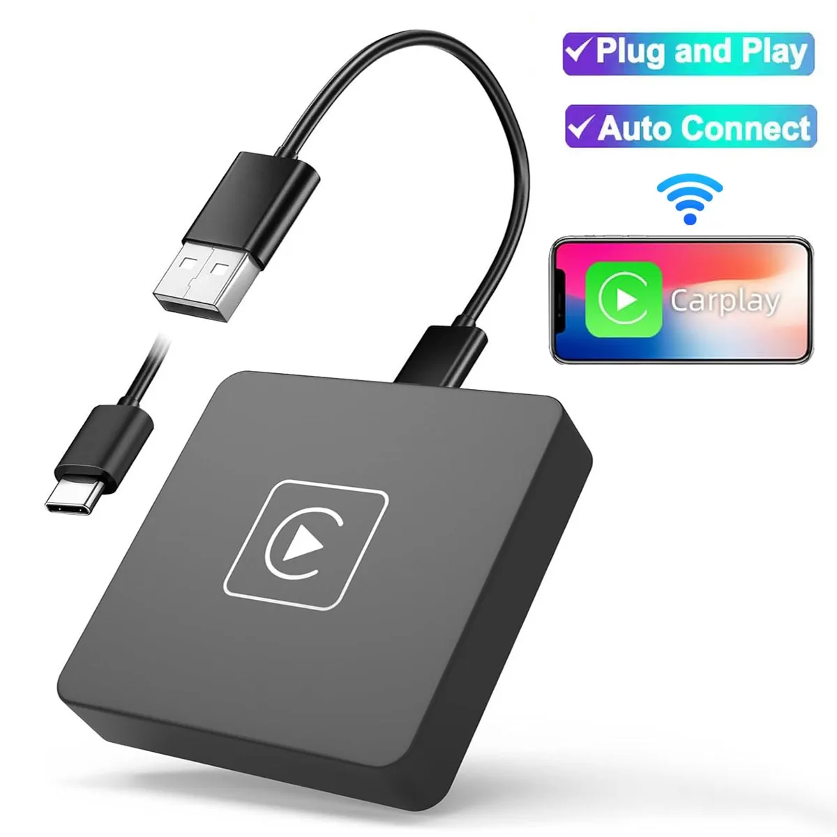 Wireless CarPlay Adapter Converts Factory Wired to Wireless CarPlay USB Plug Play Car Play Wireless Adapter for iPhone iOS 10+