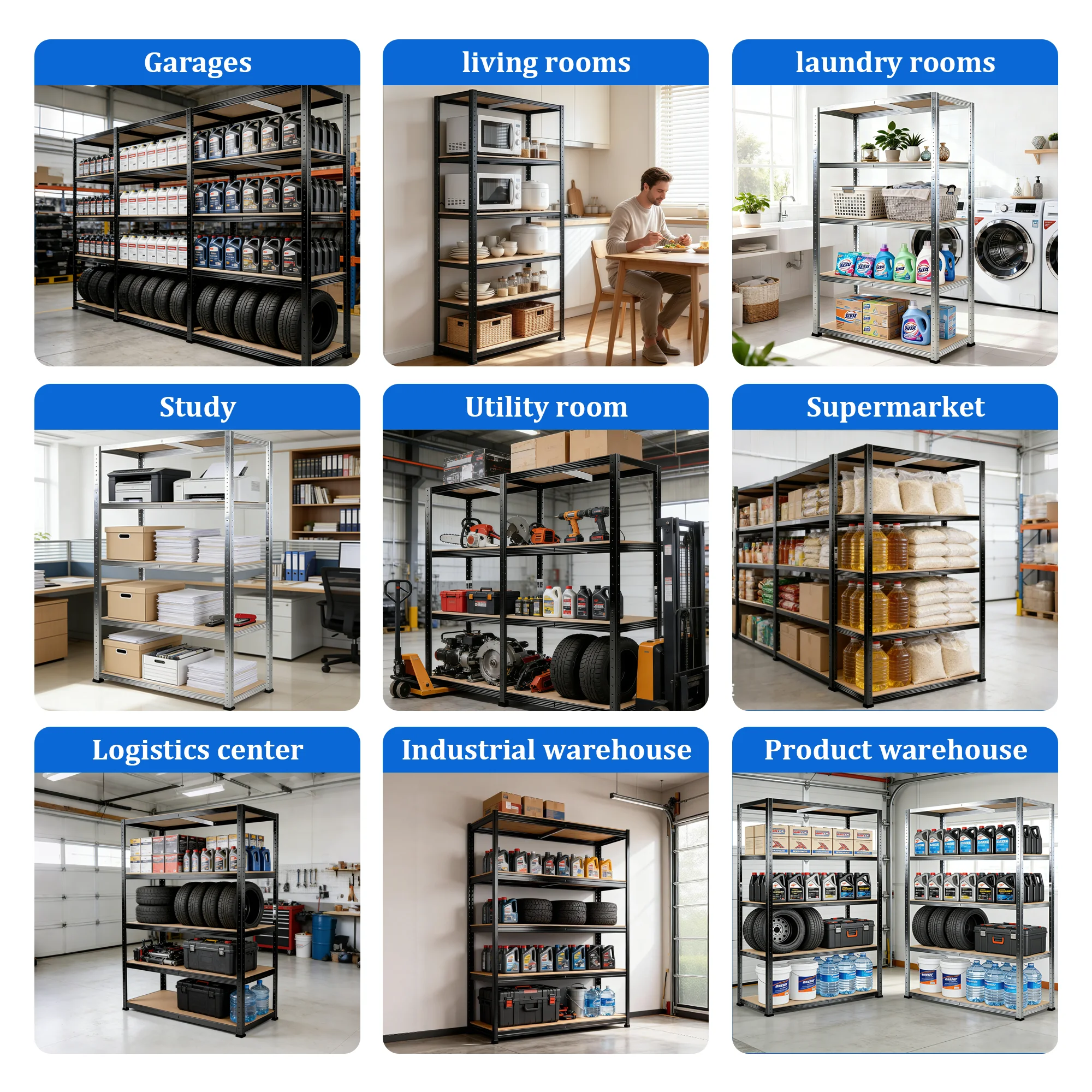 5-stöckiges Schwerlast-Metallregal ohne Schrauben, 750 kg maximale Belastung, verstellbare MDF-Regale, frei teilbare Struktur, Großraum-Organizer für Garage, Lager, Küche, Schlafzimmer, Büro, Keller – Detail 5