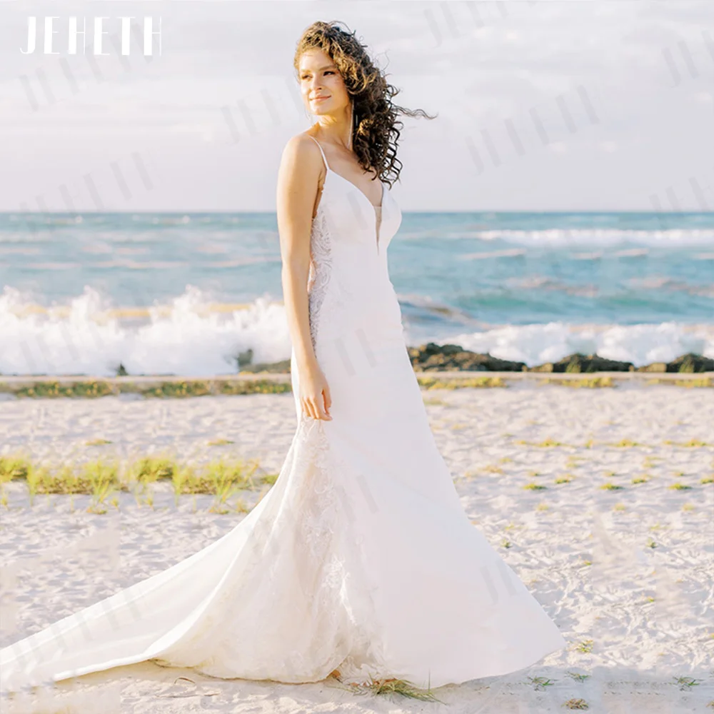 JEHETH Beach Wedding Dresses Mulheres Vestido De Noiva Sexy Backless Mermaid Lace Applique Bridal Gowns V-neck Spaghetti Straps O vestido civil da noiva Alucinações de vestido de noiva Vestido de noiva para limpar o tr