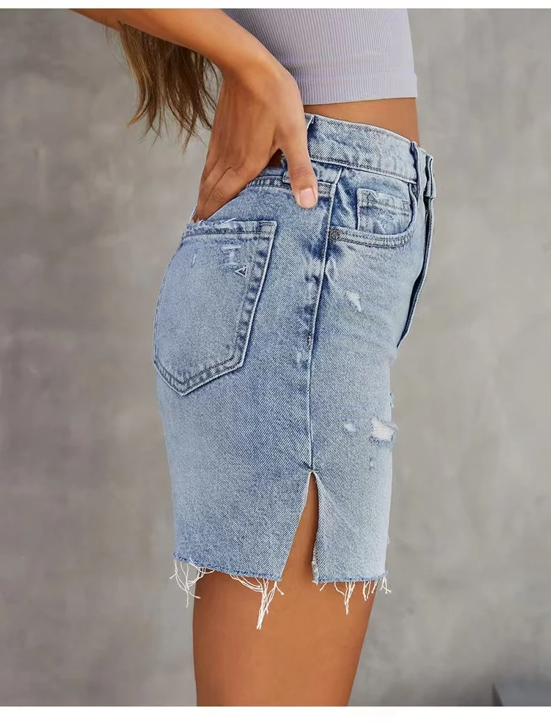 Summer High Elasticity Tear Shorts Street Trend Slit Denim Jeans Breathable Comfortable Casual  Waist  midShort Pants