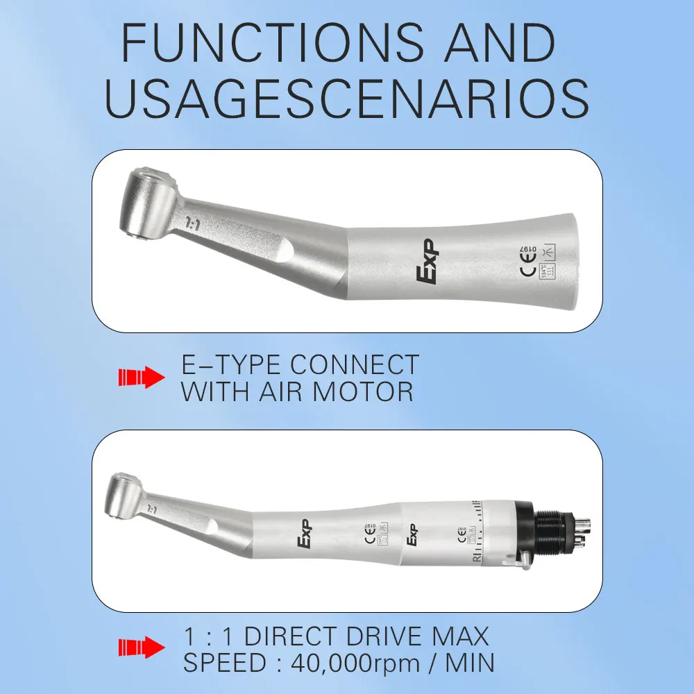 Exp FX Style Dental Low Speed Contra Angle Handpiece 20,000rpm Push Button 1:1 Direct Drive Gear Ratio Apply for CA Burs ø2.35mm