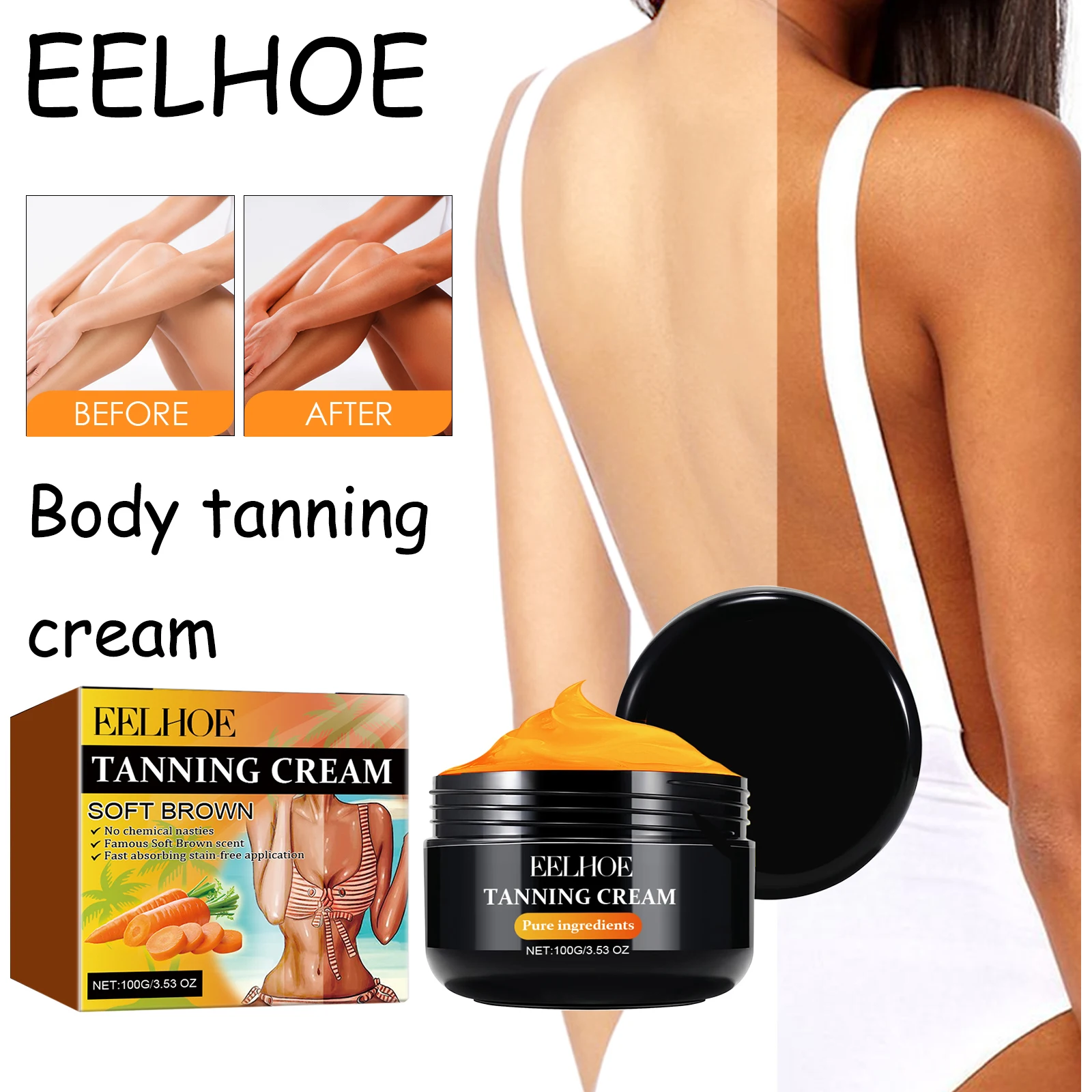 EELHOE-crema bronceadora corporal de zanahoria, bronceador bronceador al aire libre para playa y verano, crema bronceadora corporal suavizante hidratante para la piel sin sol