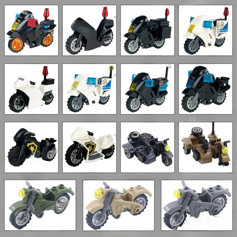MOC City – accessoires de moto, blocs de construction, vue sur la rue, véhicule de patrouille de Police, cavalerie en fer, briques de guerre militaires de la seconde guerre mondiale, jouet cadeaux