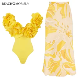 2024 Vintage 3D Flower Decor  Yellow One Piece Swimsuit and Skirt  Swimwear Set Women Beachwear Luxury Bathing Suit