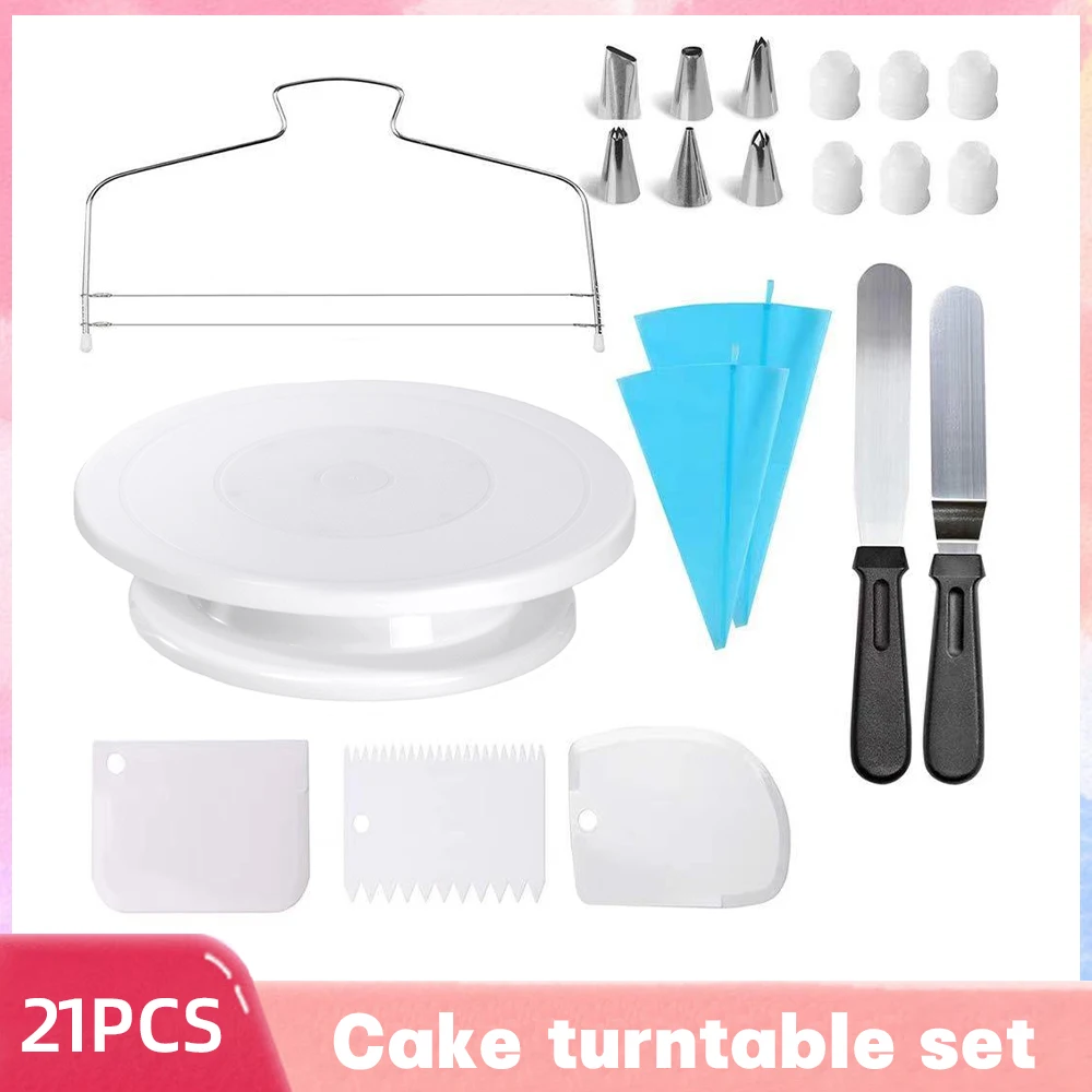 

21PCS Cake Turntable Rotating Set 2 Stainless Steel Frosting Cream Sandwich Spatula 3 Icing Smoother Scraper Pastry Turntable