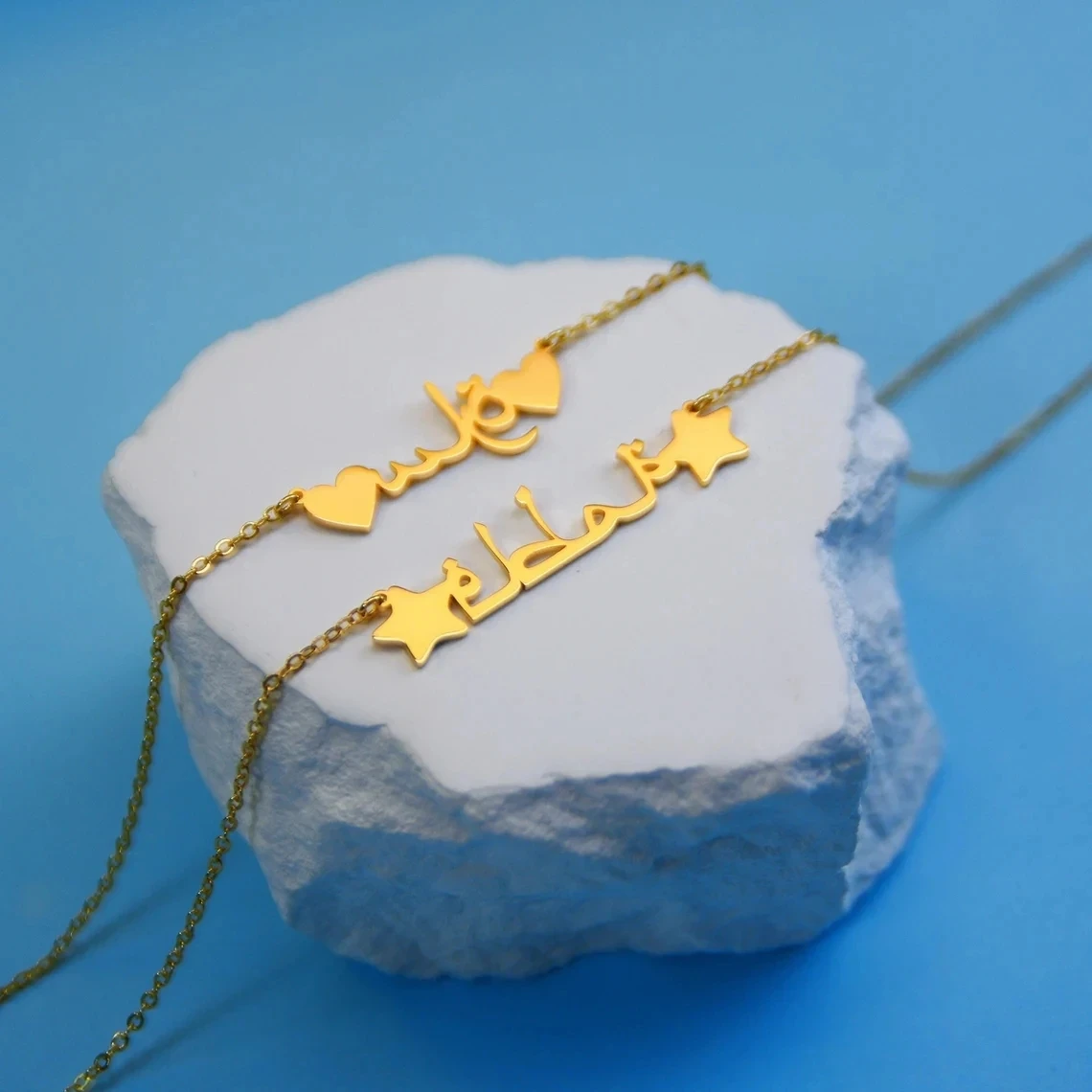 

High End Cut Custom Arabic Name Necklace Two Hearts Pentagrams 18K Gold Plated Stainless Steel Jewelry Best Birthday Gifts