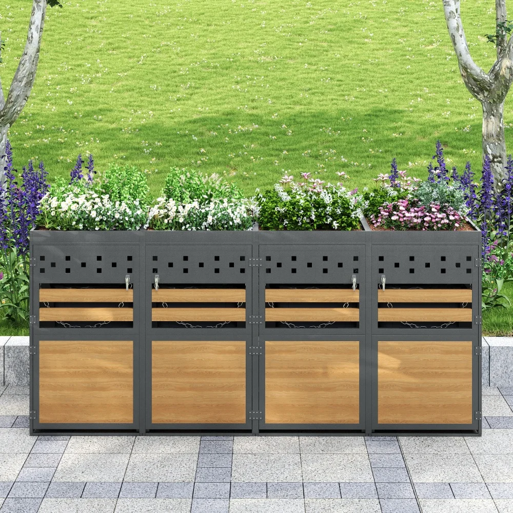 2 afvalbakken met opbergruimte, 120-240L, buitenafvalbak met dak voor planten, uitschuifbare dubbele afvalbak, antraciet houtlook voor tuin en terras, afvalbakken niet inbegrepen.