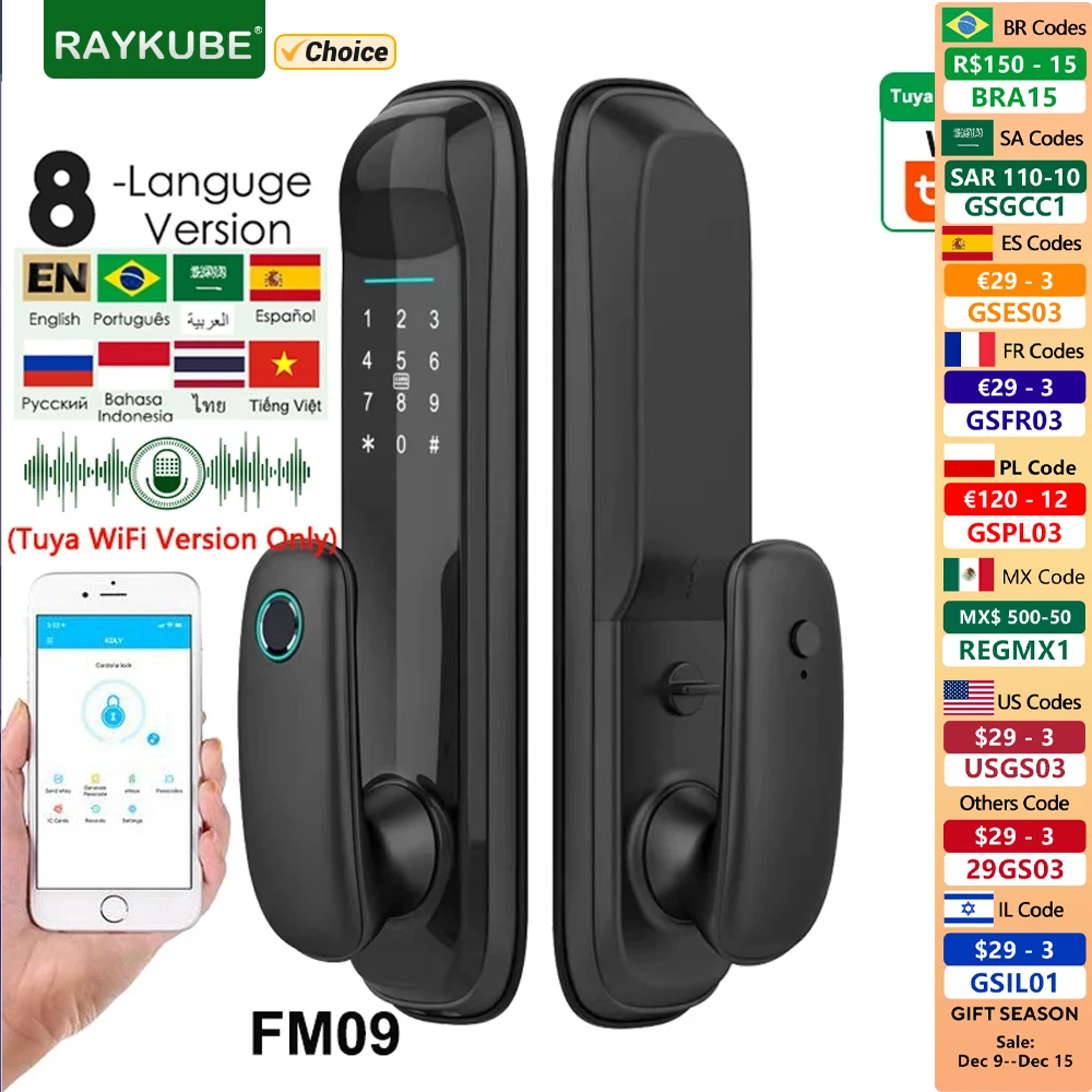 RAYKUBE FM09 Tuya Wifi Smart Door Lock TT Lock Fingerprint Lock Auto Electronic Bio-metric Lock for Smart Home