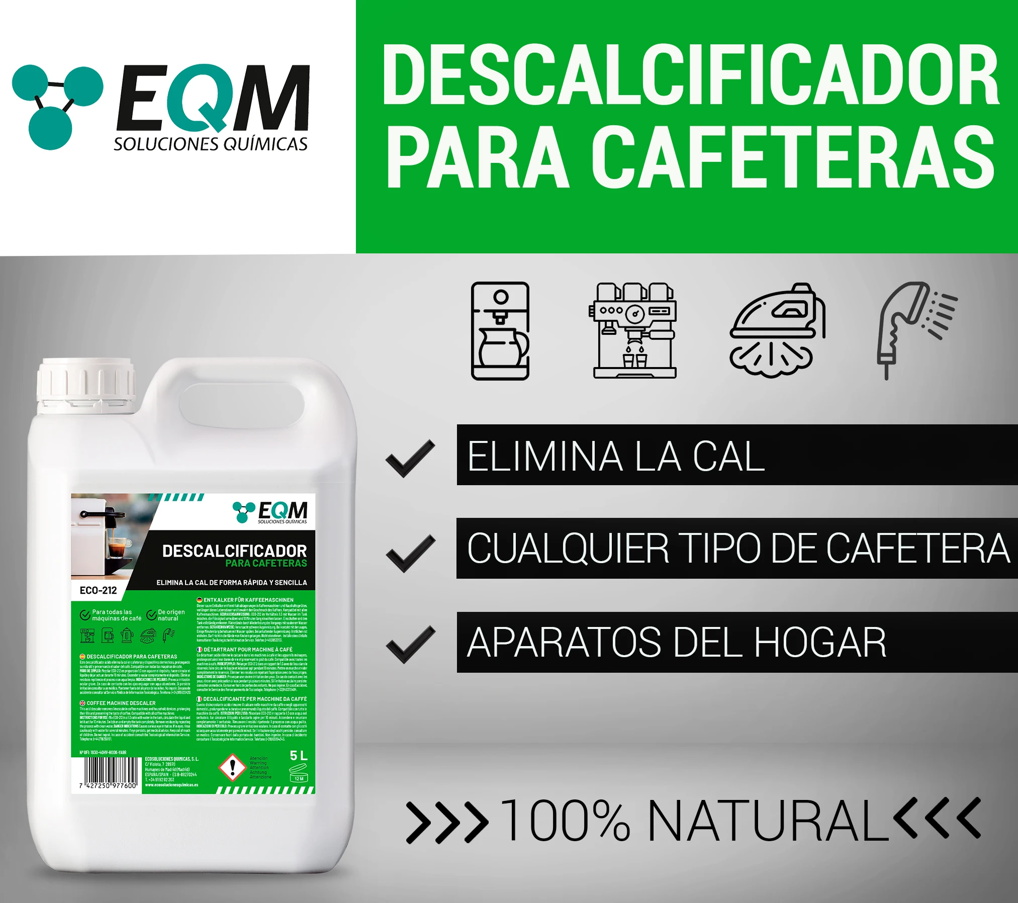 Coffee maker softener | Compatible with all coffee machines | 5 L I ECO-212 I EQM chemical solutions