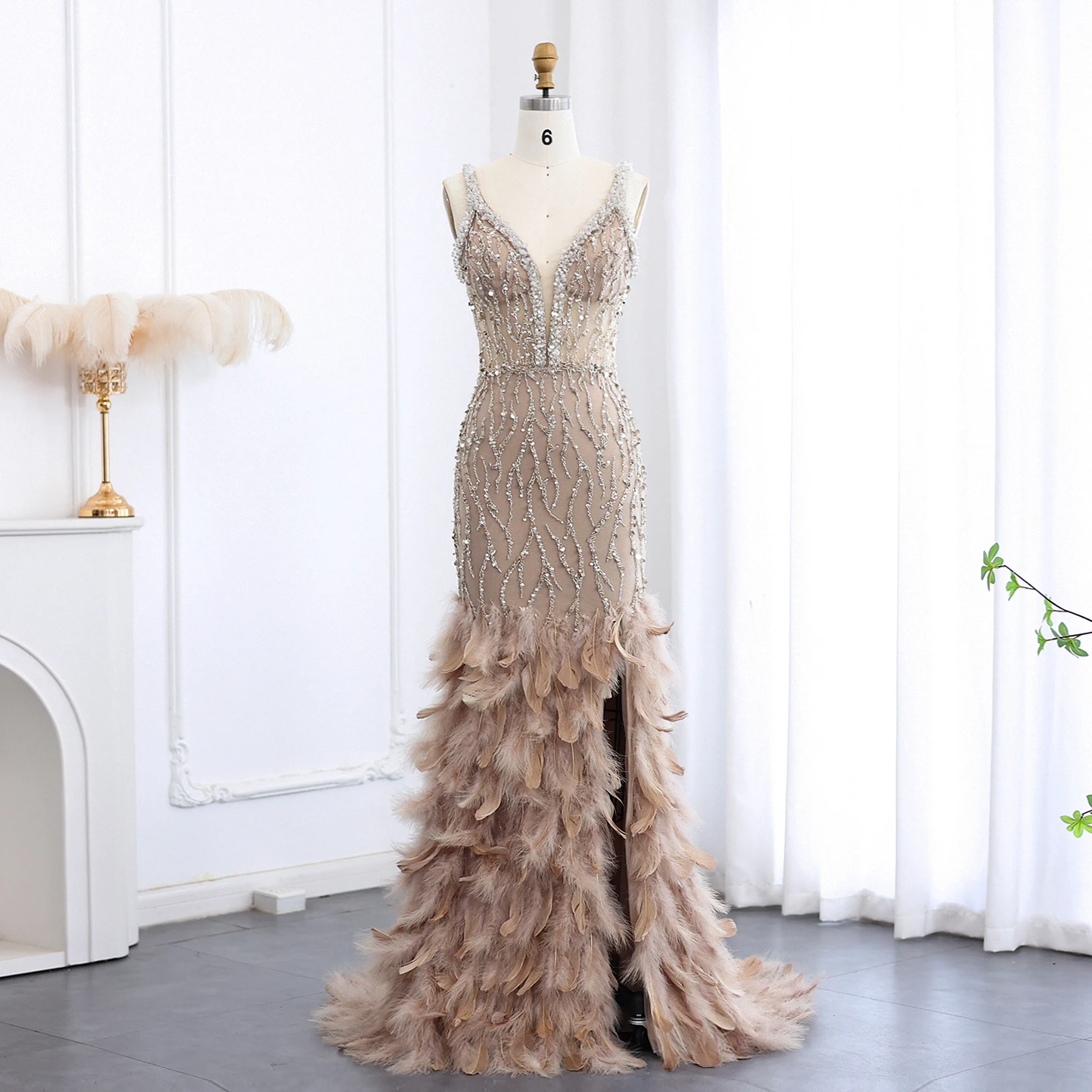 Sharon Said Luxury Feathers Blue Mermaid Evening Dresses for Wedding V-Neck Pink Side Slit Prom Party Dress SS184 Customized