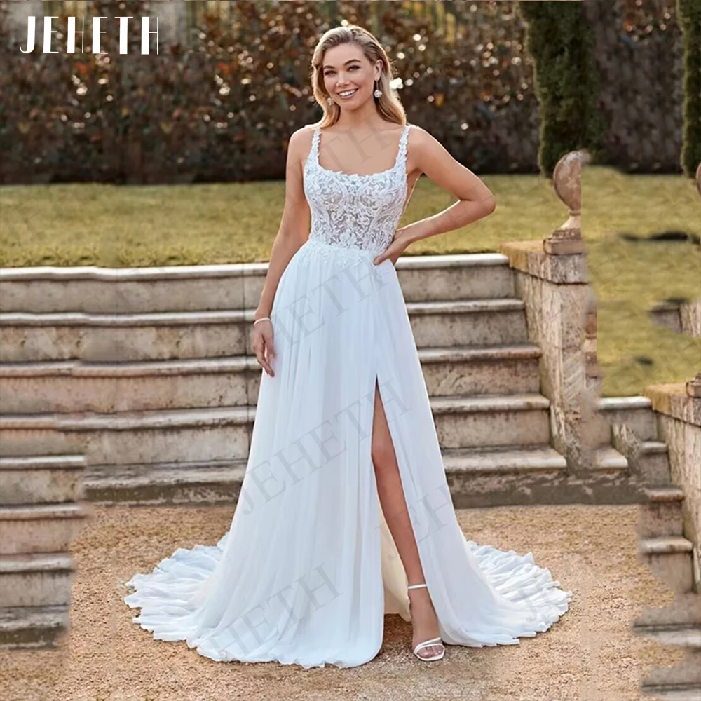 JEHETH-vestido De novia bohemio para mujer, traje elegante De gasa con escote cuadrado y espalda descubierta, corte en A, 2023 Vestidos de novia Boho Playa Split Encaje  Elegante Vestido De Novia De Gasa Cuello Cuadrad