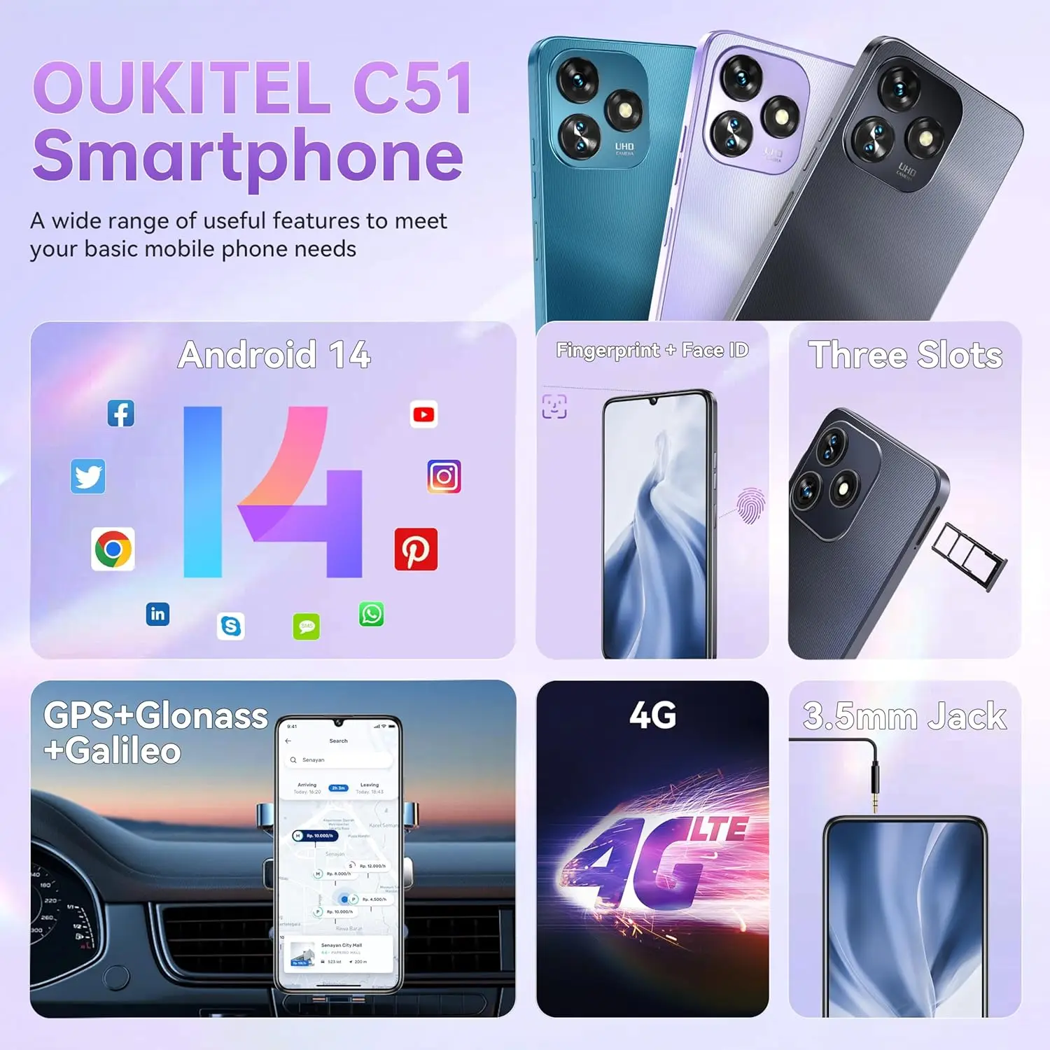 OUKITEL C51 Phone 6.8" HD+ 90Hz Dual SIM Fingerprint Face ID Call Phone 24(8+16) GB + 128GB 5150mAh Smartphone Android 14