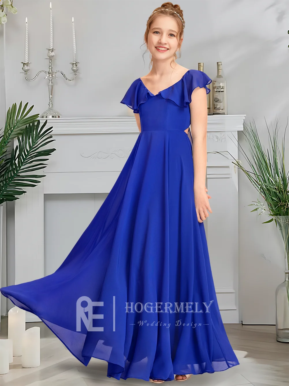 Gaun Pengiring Pengantin Junior Kerah V Mewah Gaun Gadis Bunga Biru Anak-anak Gaun Ruffles Sifon Panjang Lantai Pesta Pernikahan