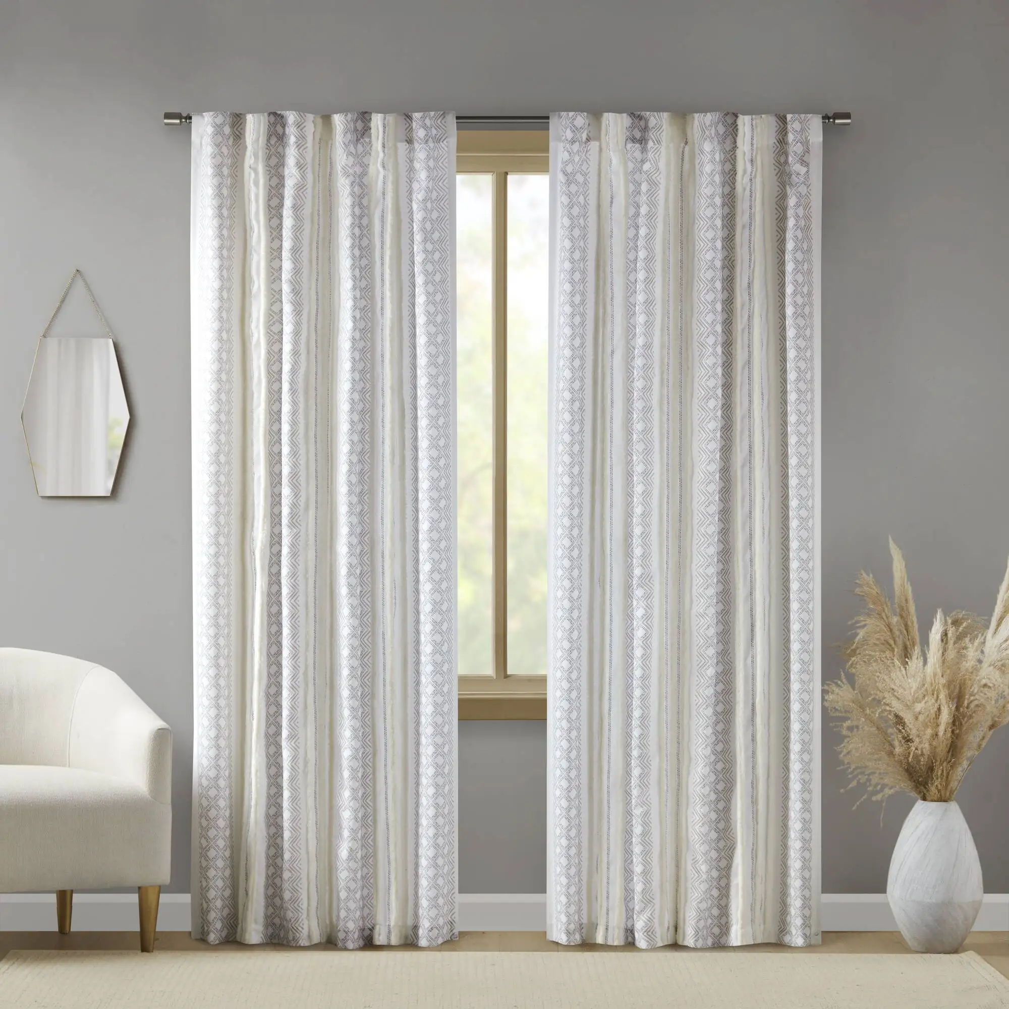 

2pk Poly Printed Curtain Panel with Tufted Stripe White/Taupe 2-PK 50x84" (Multicolor + Polyester)"