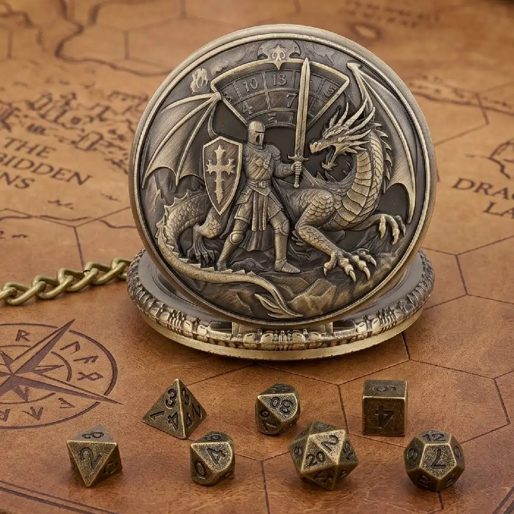 

Knight Dragon Pocket Watch Dice with 7pcs Tiny Polyhedral Metal Dice Set Role Playing Board Games Pocket Watch Case Dice Box