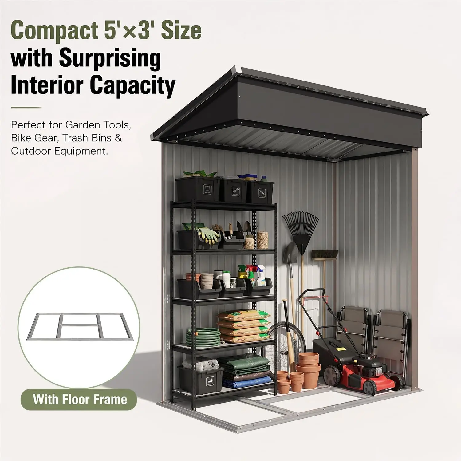 Nordivale 5x3FT Metal Outdoor Storage Shed with Sloping Roof and Base Lockable Tool Shed for Backyard Garden Patio Lawn