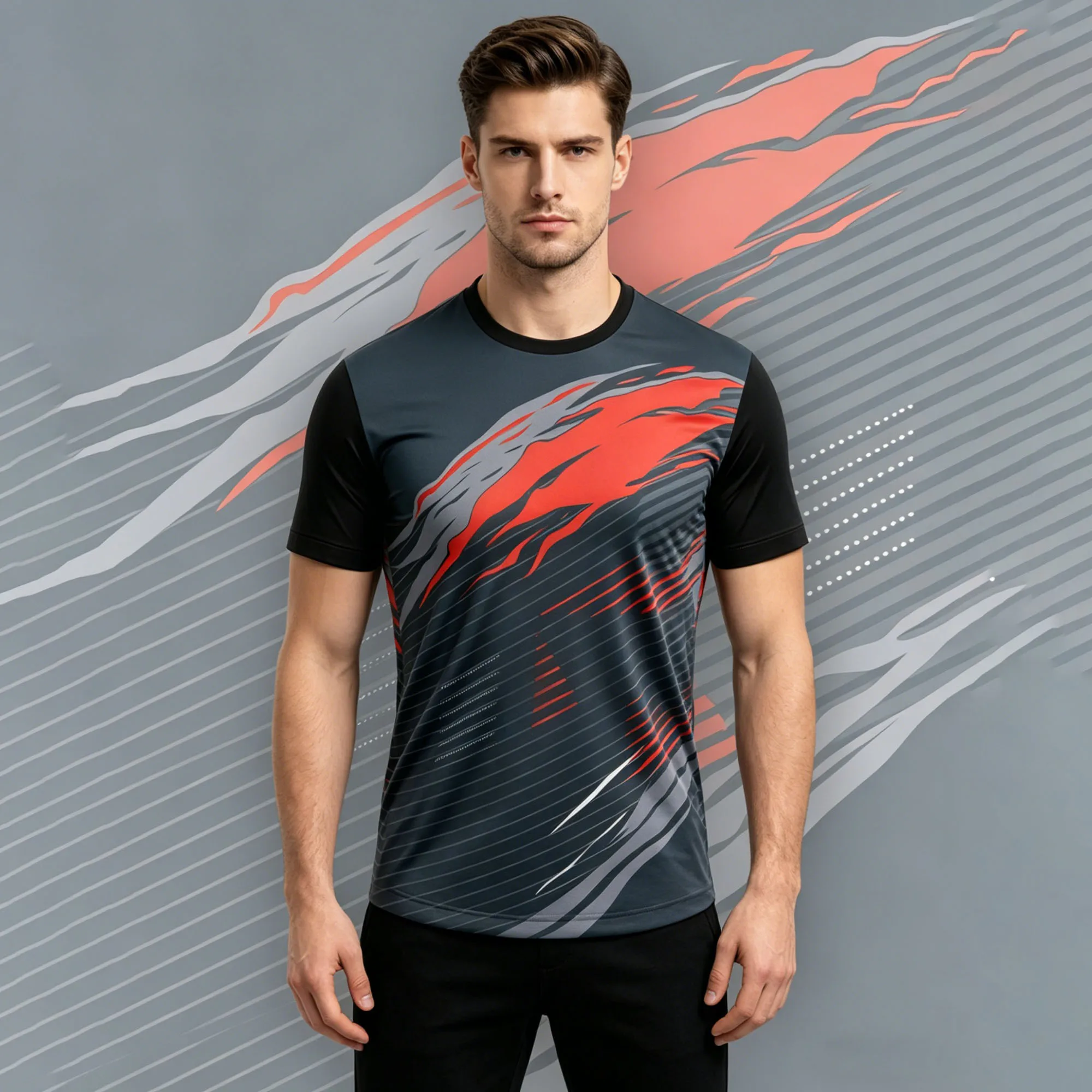 2026 Herren Slim-Fit Rundhals-T-Shirt mit Dynamischem Rot-Grauem Streifendruck auf Grau-Schwarzem Grund, Trendiges Sport-Oberteil