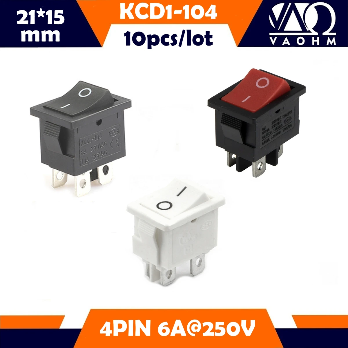 10 PCS KCD1-104 ON-OFF Rocker Switch DPST 4 Pins Copper 15*21mm 6A@250VAC 10A@125VAC