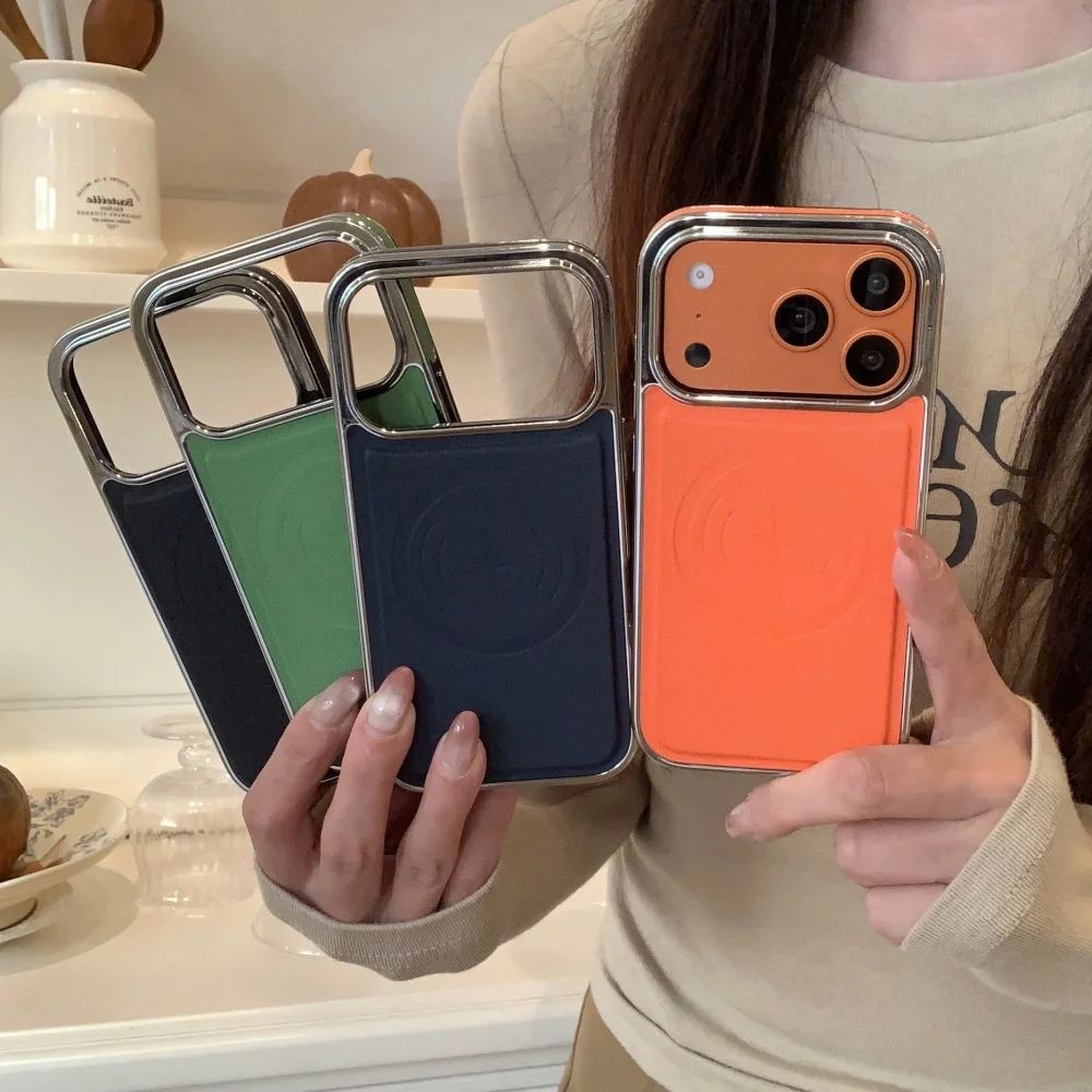 

Leather plating solid color simple magnetic phone case, suitable for iPhone14/15/16/17 Pro Max, new shock-proof protective case