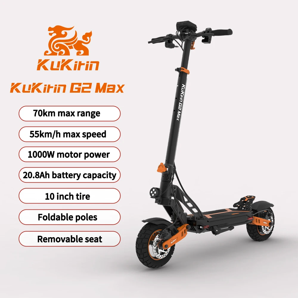 KuKirin-G2 Max Folding Electric Scooter, 1000W Motor, 20.8Ah Battery,Collapsible Poles,Top Speed ​​55km/h, Range 70km, Removab