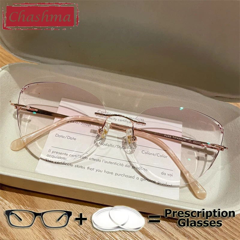 Chashma Cat Eye Fashion Women Rimless Prescription Ready Eyeglasses Titanium Lightweight Diamond Trimmed Eyewear Flexible Frame