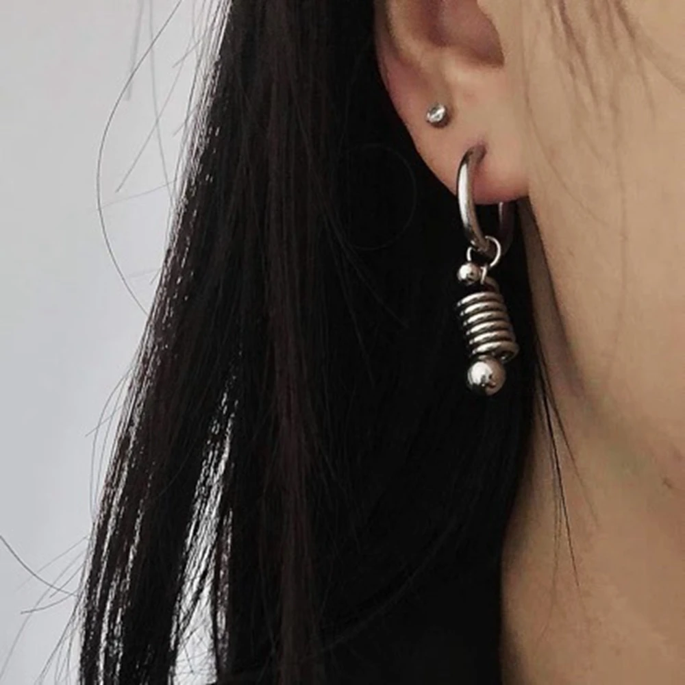 Punk Stainless Steel Spring Drop Hoop Earrings for Women Men Y2K Helix Spiral Dangle Earrings Grunge Gothic Fashion Jewelry