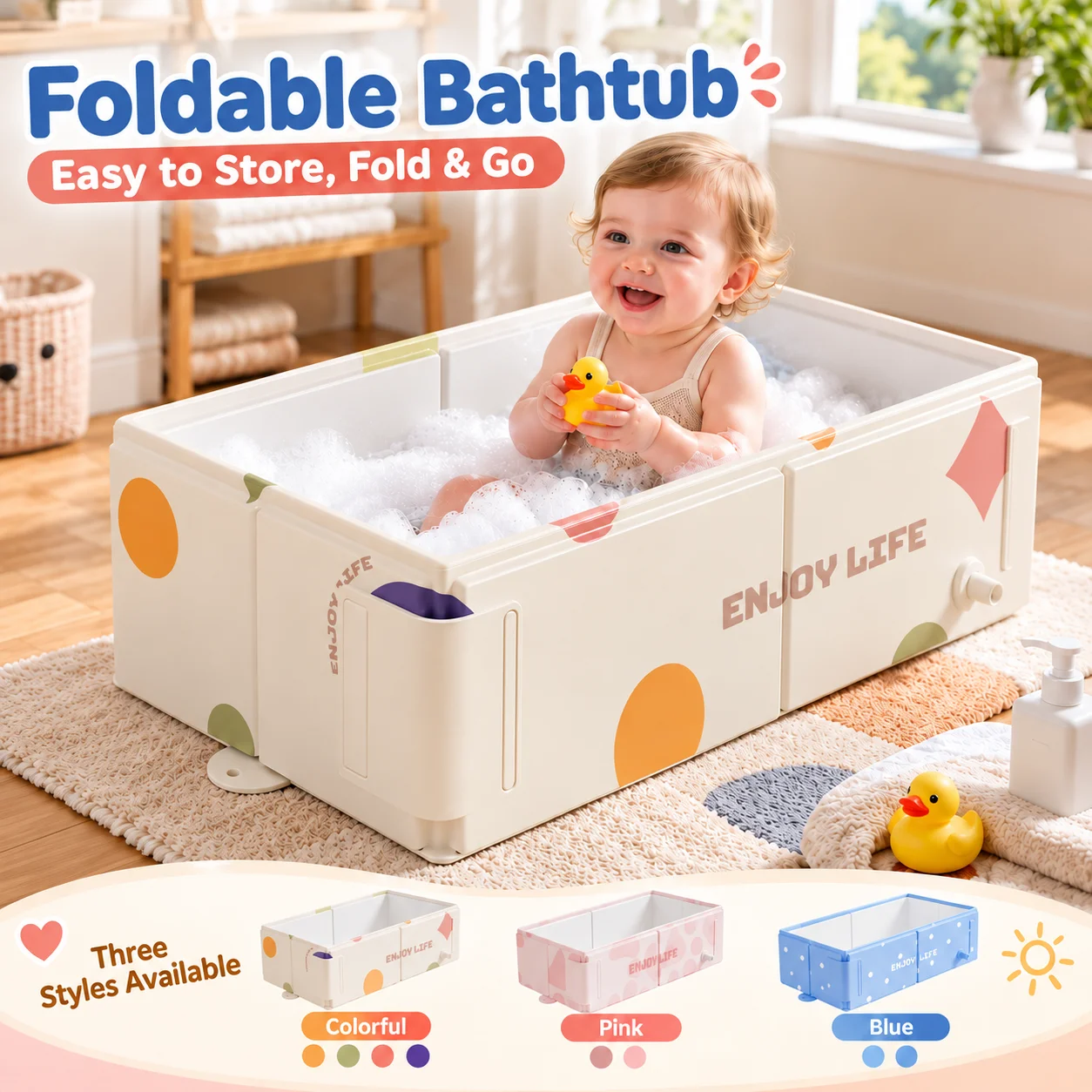 1PC Foldable Baby Bathtub with Drain 70x40x21cm Portable Compact Bath Tub Space Saving for Home Bathroom