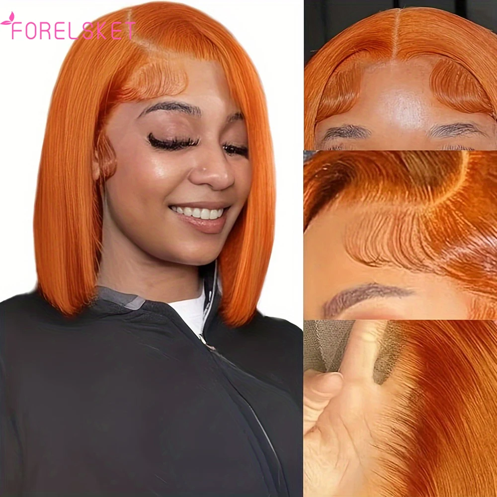 Straight Bob Pre Plucked Short Cut Peruvian Virgin Hair Lace Wig 180% Density 13x4 Hd Lace Orange Bob Middle Part for Women