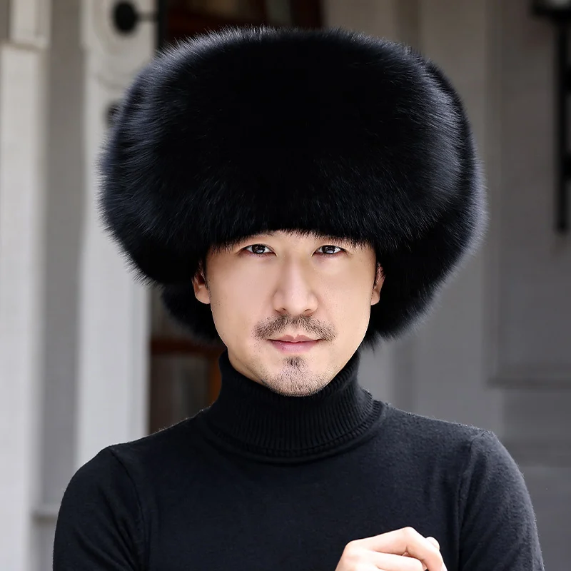 New Hat For Men Winter Natural Real Fox Fur Bombers Hats Outdoor Windproof Raccoon Fur Cap Man Luuxry Real Sheepskin Leather Hat