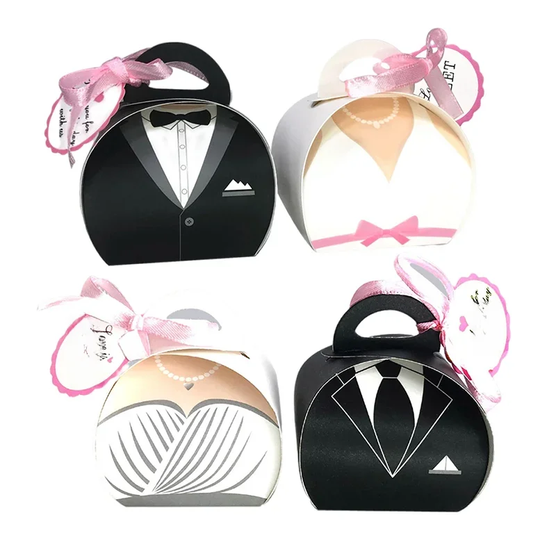 Boîte à bonbons de mariage, 10/20/50 pièces, robes de mariée et de marié, coffrets cadeaux, sac d'emballage avec ruban, décor créatif de fête de fiançailles