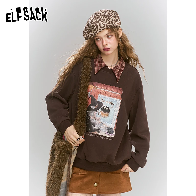 ELFSACK 2024 Winter New Arrivals Original printed fake two-piece sweatshirt for women, retro college style fleece top