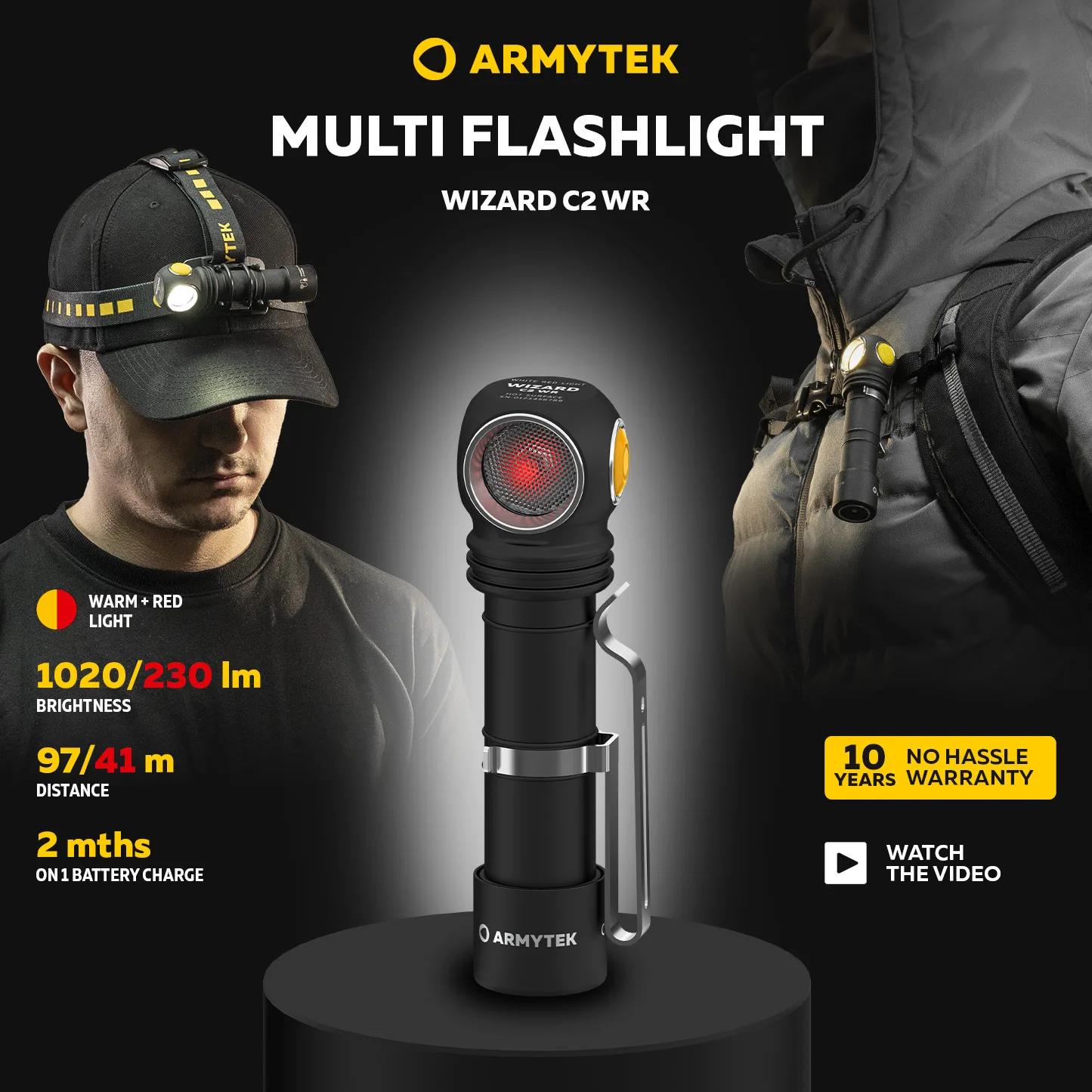 LED Headlamp Armytek Wizard C2 WR (White/Warm and Red) Multi Flashlight USB Rechargeable (F06901C/F06901W)