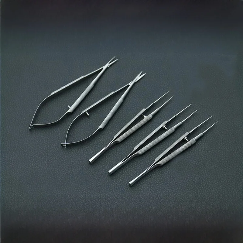 Nowe 4 sztuki / zestaw okulistycznych instrumentów mikrochirurgicznych 12,5 cm nożyczki + uchwyty igłowe + pęseta narzędzie chirurgiczne ze stali nierdzewnej — zdjęcie 2