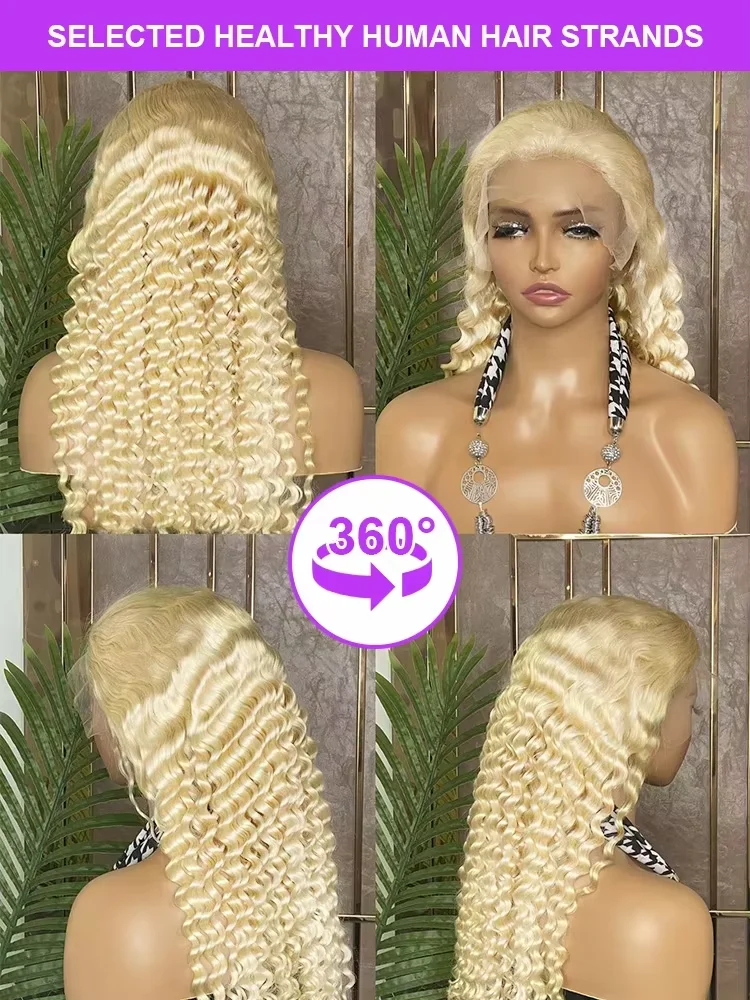 200% Dichtheid Diepe Golf 13x4 HD Kant Frontale Menselijk Haar Pruik 34 Inch Krullend 613 Honingblonde Water Wave Kant Voor Pruiken Voor Vrouwen