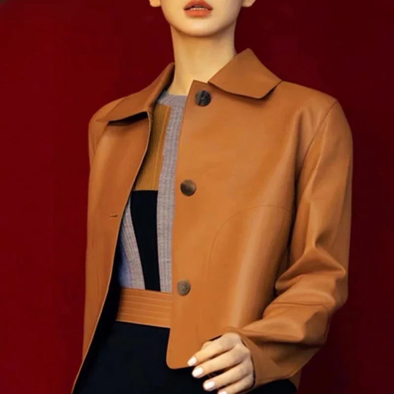 Damskie krótkie topy z owczej skóry Harajuku Fashion Jassen Dames Slim Jaqueta De Couro Legítimo kwadratowy kołnierzyk modny płaszcz Streetwear — zdjęcie 2