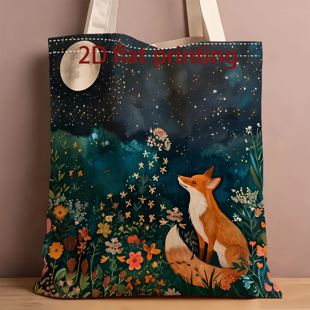 

1 Piece Forest Moonlight Fox Floral Canvas Shoulder Bag, Lightweight Foldable Tote Bag with Fixed Shoulder Strap, Reusable Shopping Bag, Perfect Gift for Commuting, Travel, Shopping, School, and Holidays