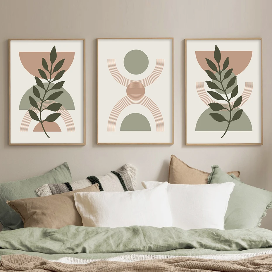 

Boho Abstract Orange Green Leaf Semicircle Poster Minimalist Wall Art Print Picture Botanical Canvas Painting Living Room Decor