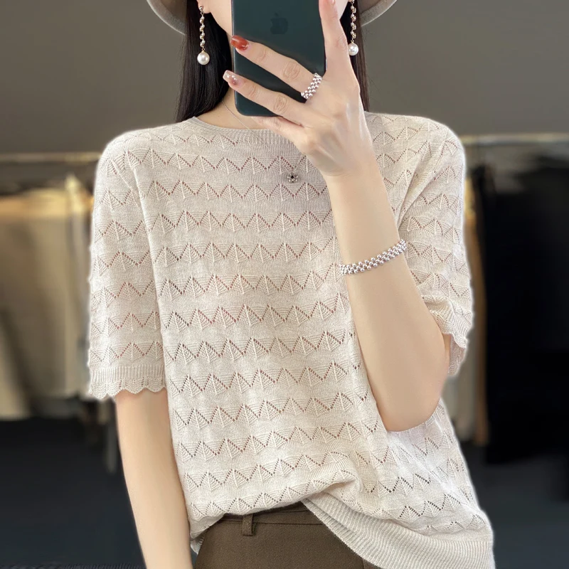 LONGMING Fashion T Shirt Casual O Neck Short Sleeve Tops Loose Knit Pullover Summer Light Tees Korean Fashion y2k Women Clothing