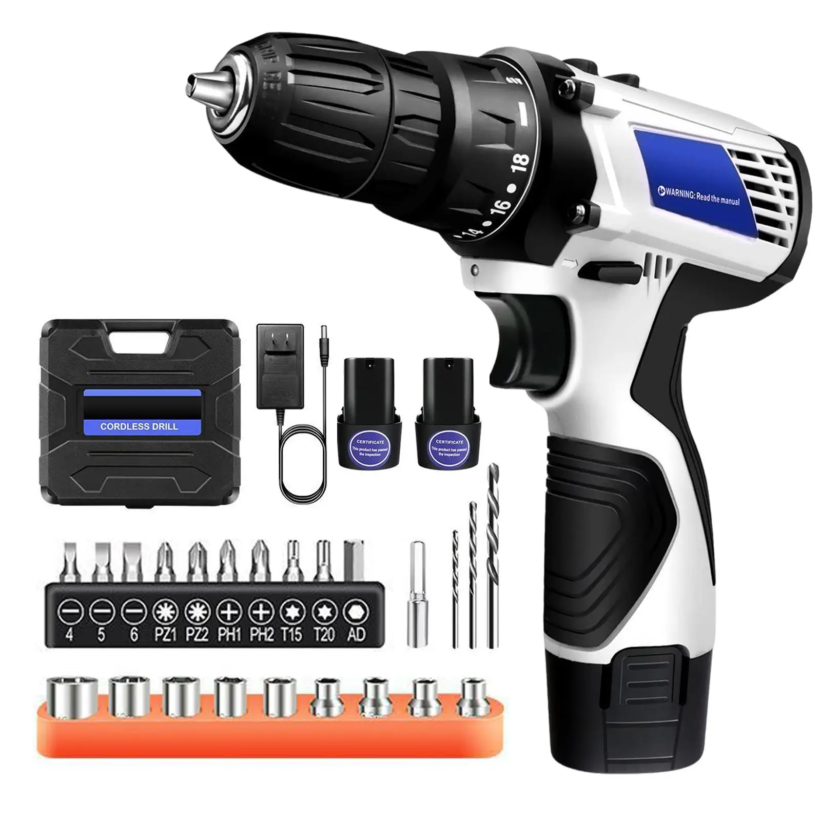 Kit de Taladro Inalámbrico con Batería, Juego de Herramientas de Atornillador Eléctrico 2 en 1, 45 N.m, Doble Velocidad 1400 RPM