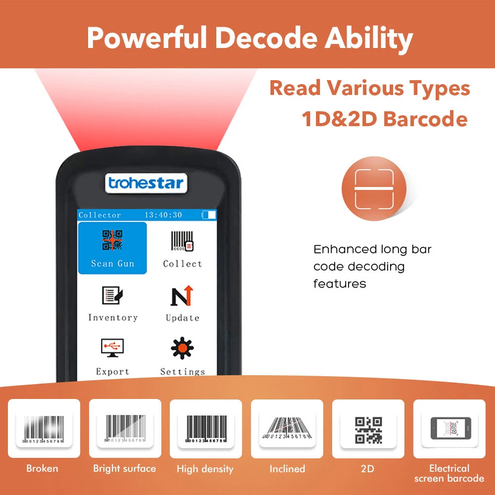 Imagem -03 - Trohestar Wireless Barcode Scanner Handheld Inventory Scanners Usb Data Collector 1d 2d qr Pda Leitor de Código de Barras Apto para Windows