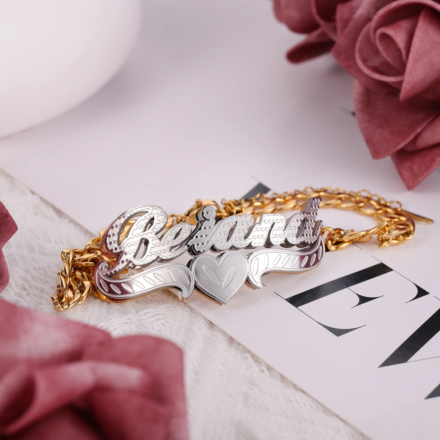 2022 Customized Bracelets Name Double Layer Two Tone Heart Cuban Chain Personalized Custom Gold Plated Name Bracelet For Women