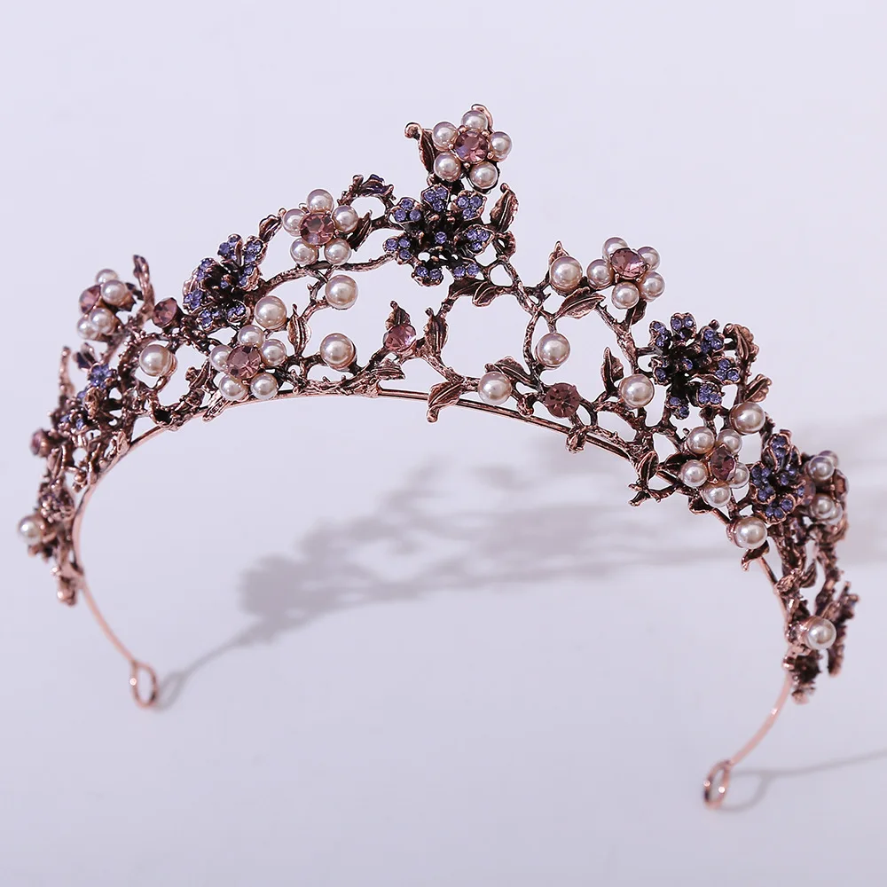 Floral Black Pearl Baroque Bride Hair Crown Korean Wedding Birthday Hair Accessory Headband Jewelries