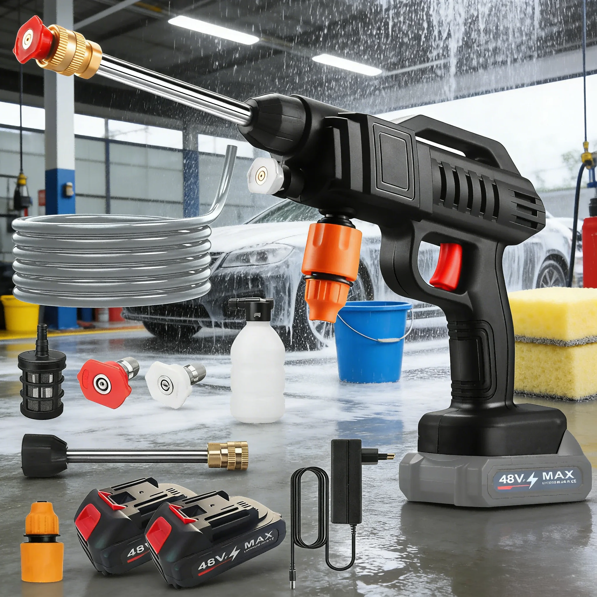 Pistolet à eau haute pression sans fil 50 bars avec 2 batteries, nettoyeur de voiture sans fil, machine de nettoyage pour jardin